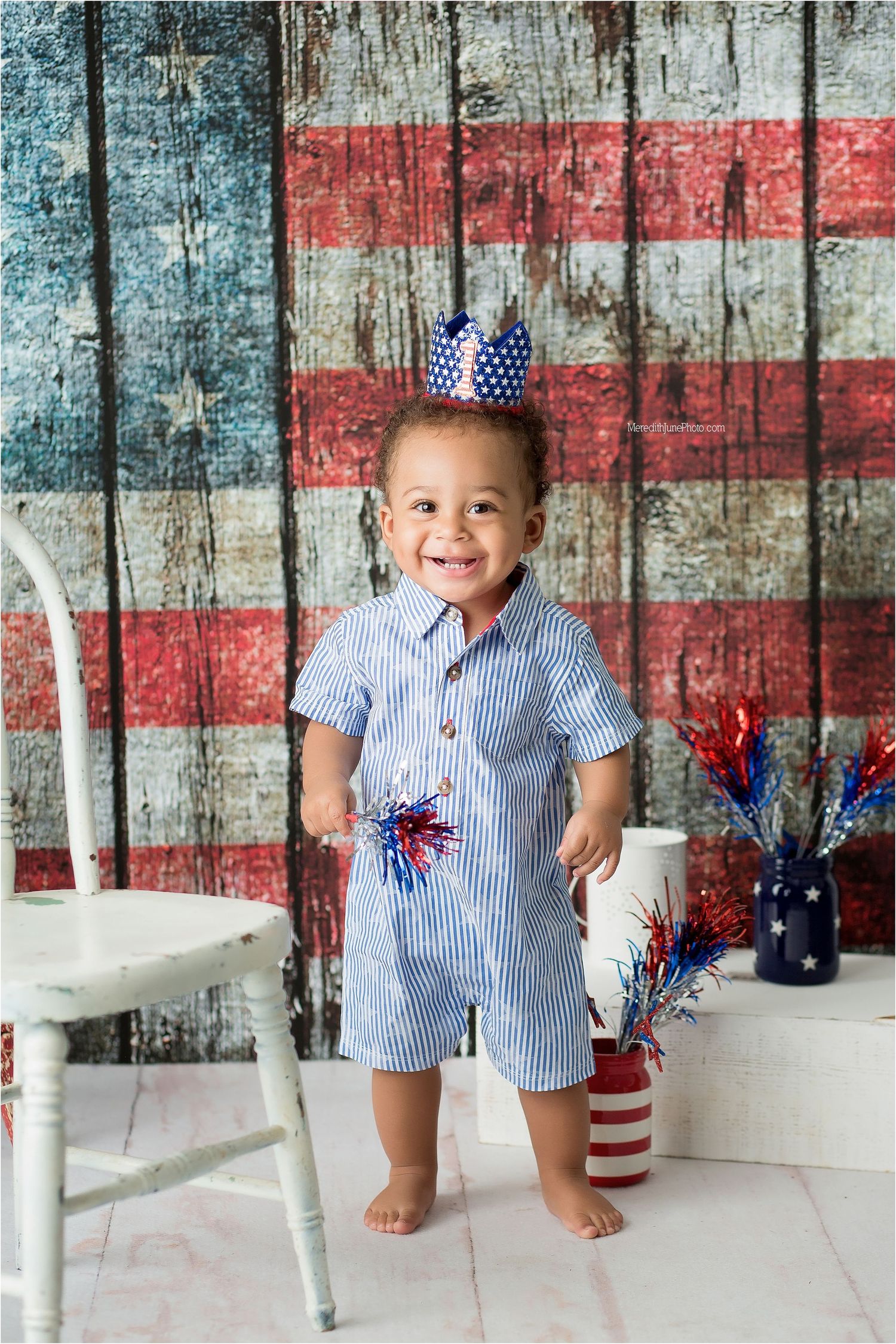 Patriotic photo series against rustic American flag backdrop with decorative red white and blue accents.