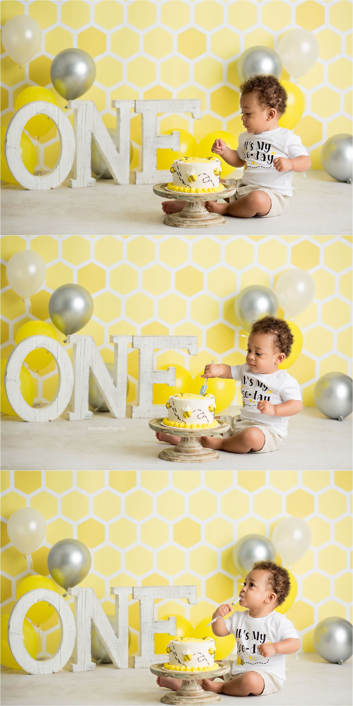 Baby in white onesie having cake smash photo session against yellow polka dot backdrop with silver balloons and ONE letters.