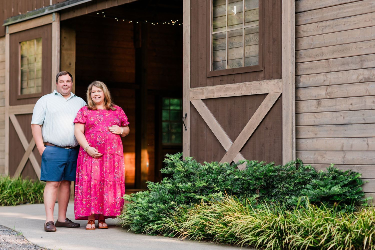 A row of exterior photos showing a rustic wooden building with string lights and landscaping details.