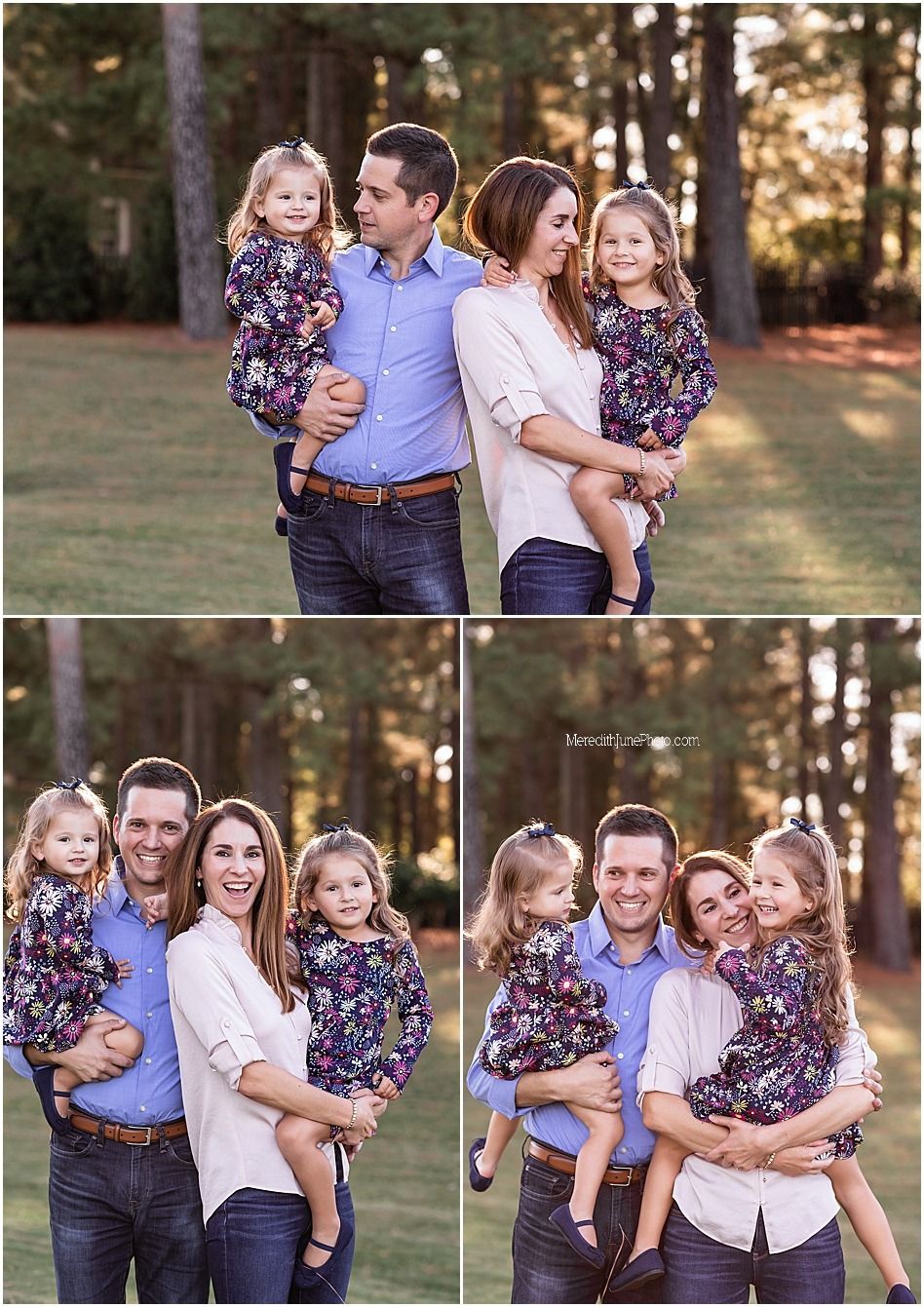 Family portrait session in a park at sunset showing warm embraces and coordinated blue and floral outfits.