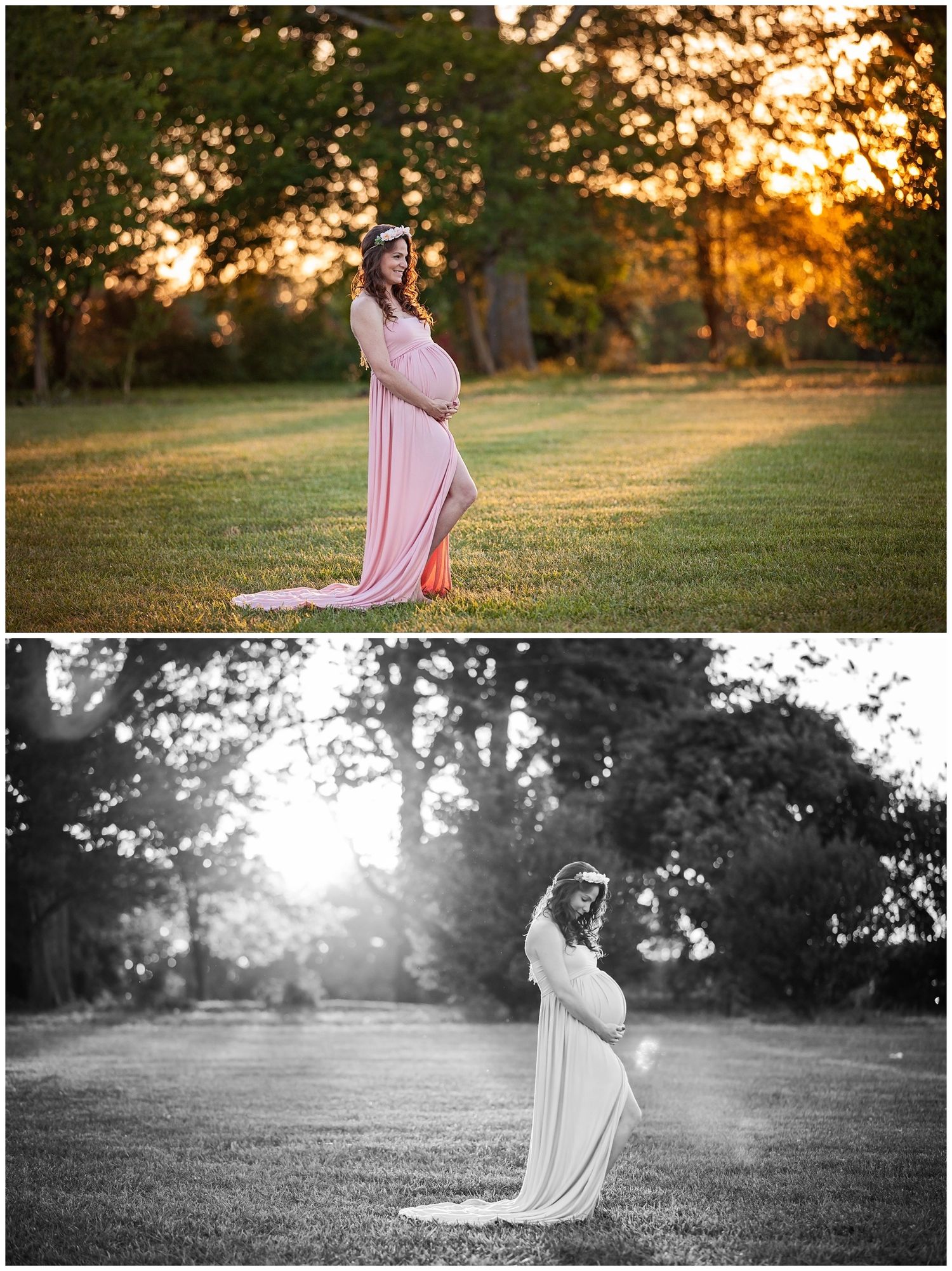 A maternity photoshoot at sunset features a flowing pink dress and white gown in a grassy field with golden light.
