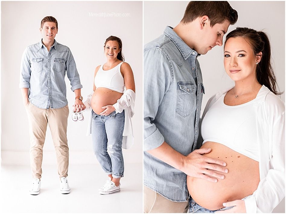 A collection of pregnancy portraits featuring a couple in casual denim and white outfits.