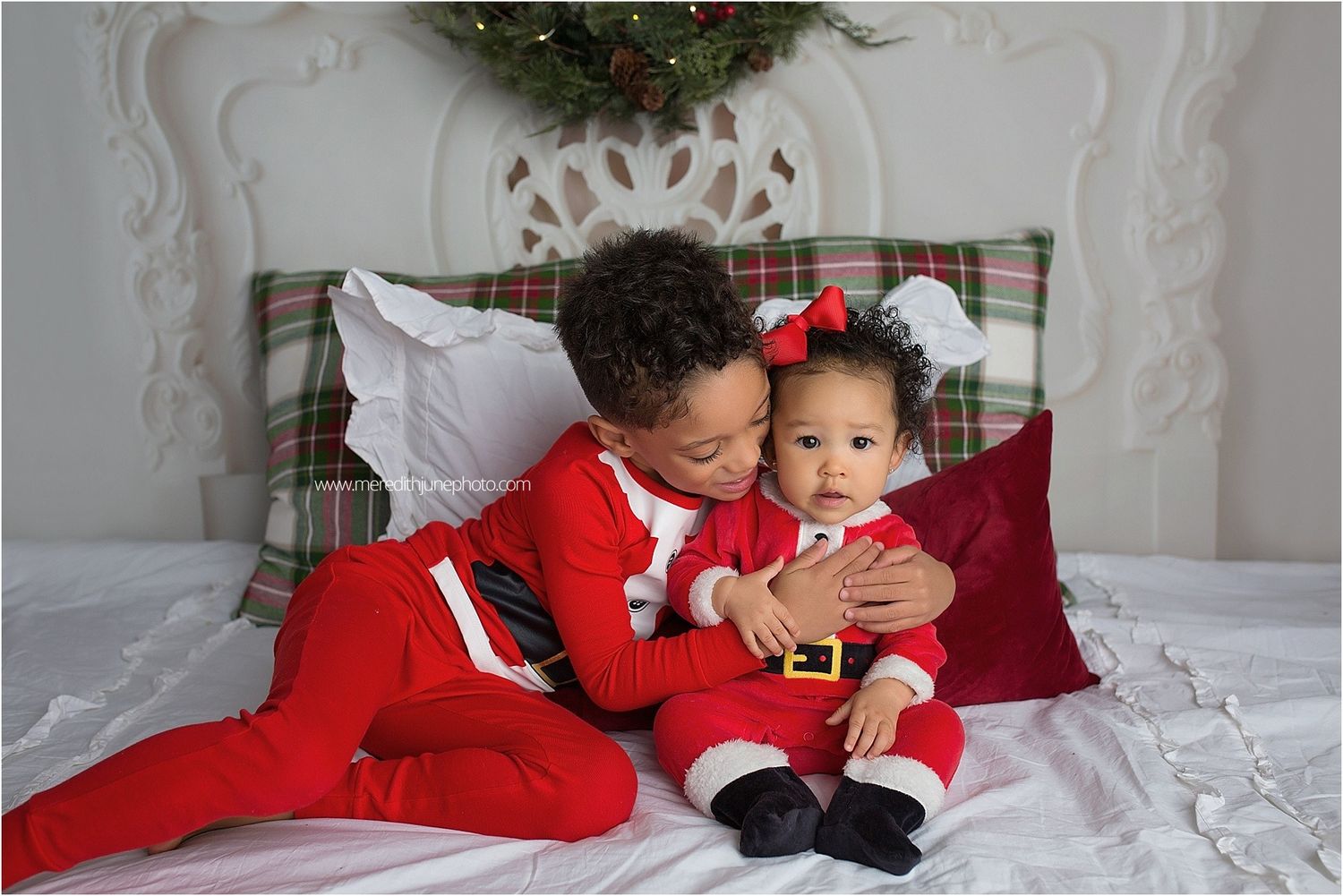 A series of holiday-themed photos showing festive red and white decorations and cozy winter moments.