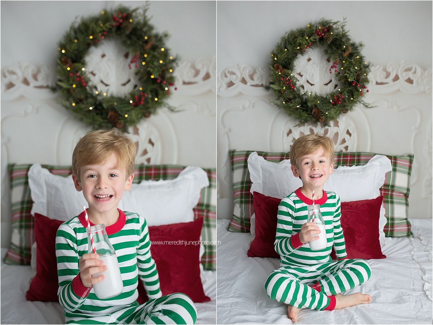 A festive Christmas scene with green and white striped pajamas and a wreath hanging on the wall above a bed.