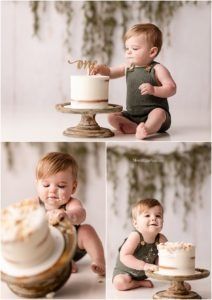 A series of cake smash photos showing a small child in a dark outfit interacting with a white tiered cake on a pedestal.