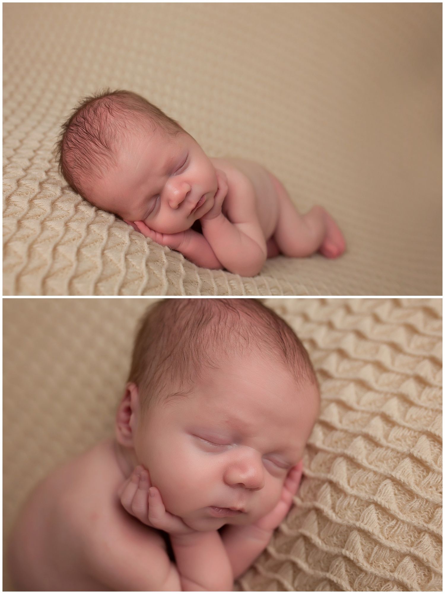 Sleeping newborn baby resting on textured beige blanket in artistic collage of multiple angles.