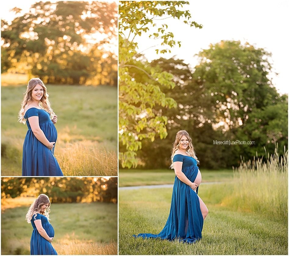 Outdoor maternity photo session in a golden field at sunset with flowing blue dress and natural poses.