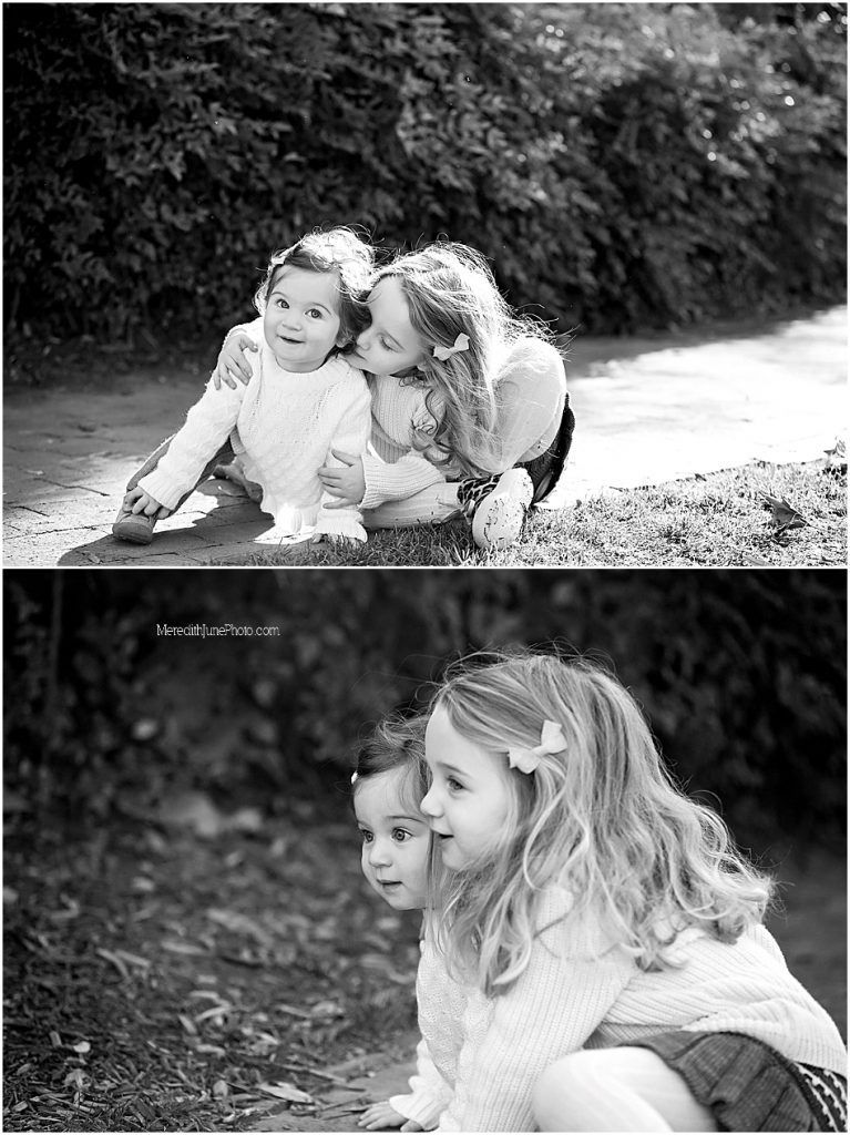 Black and white portrait series showing tender moments between two children in a natural outdoor setting.