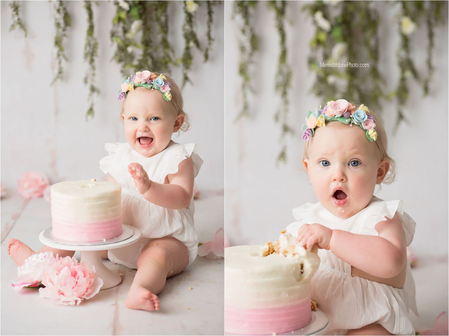 A series of baby milestone photos with pink cake smash celebration and floral decorations in a white studio setting.