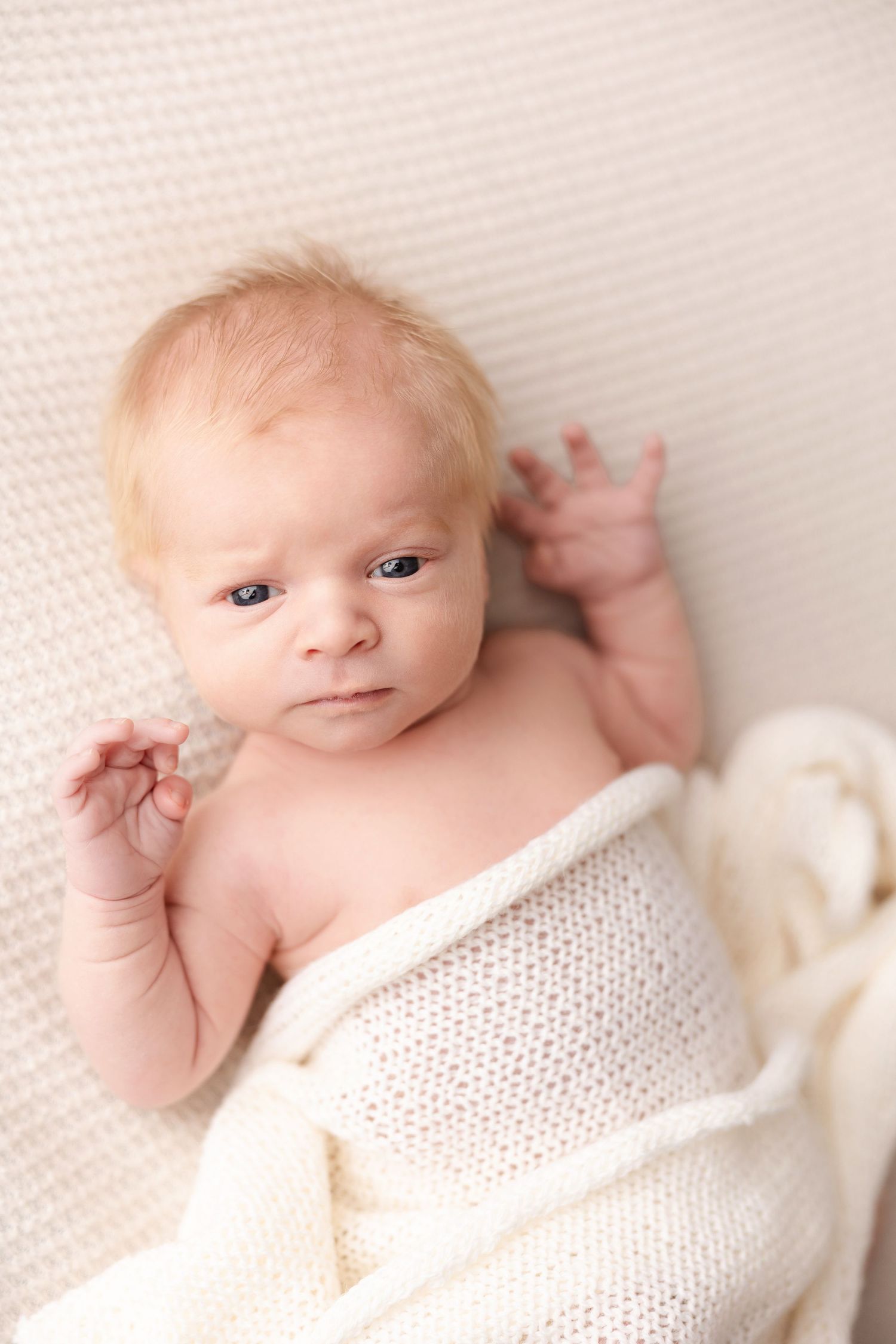 A baby wrapped in a soft white knit blanket gazes at the camera in a series of gentle expressions.