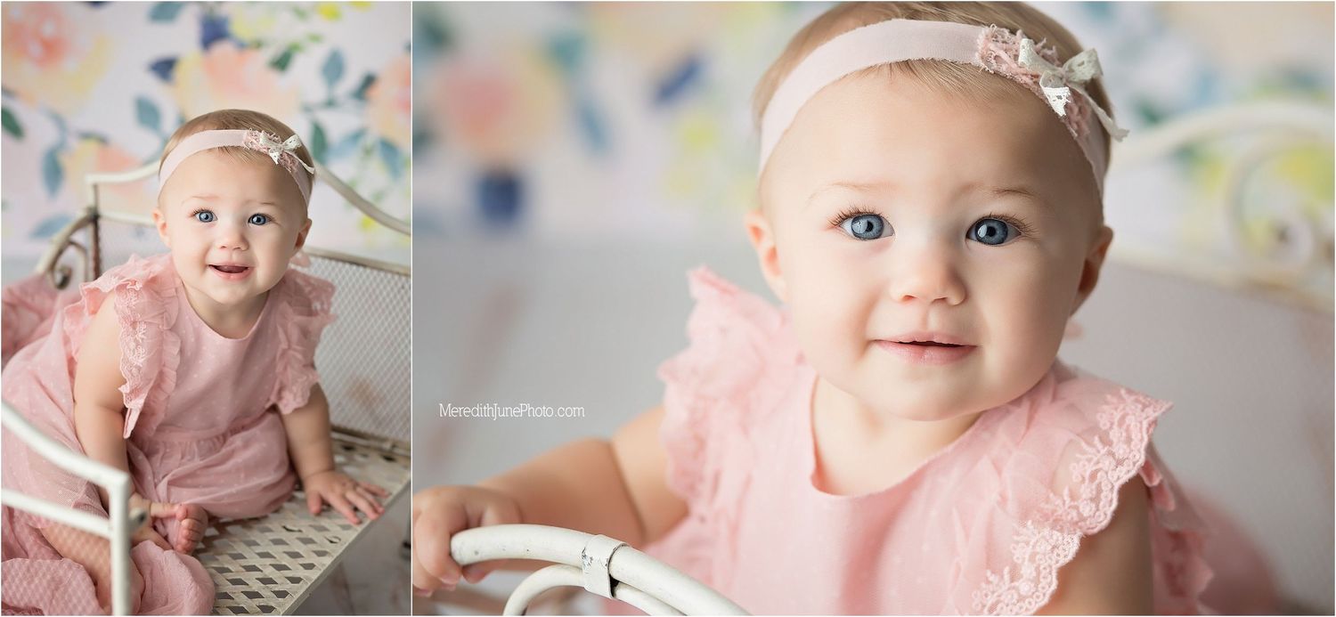 A collection of baby photos showing a young infant in pink outfits against soft pastel backgrounds.