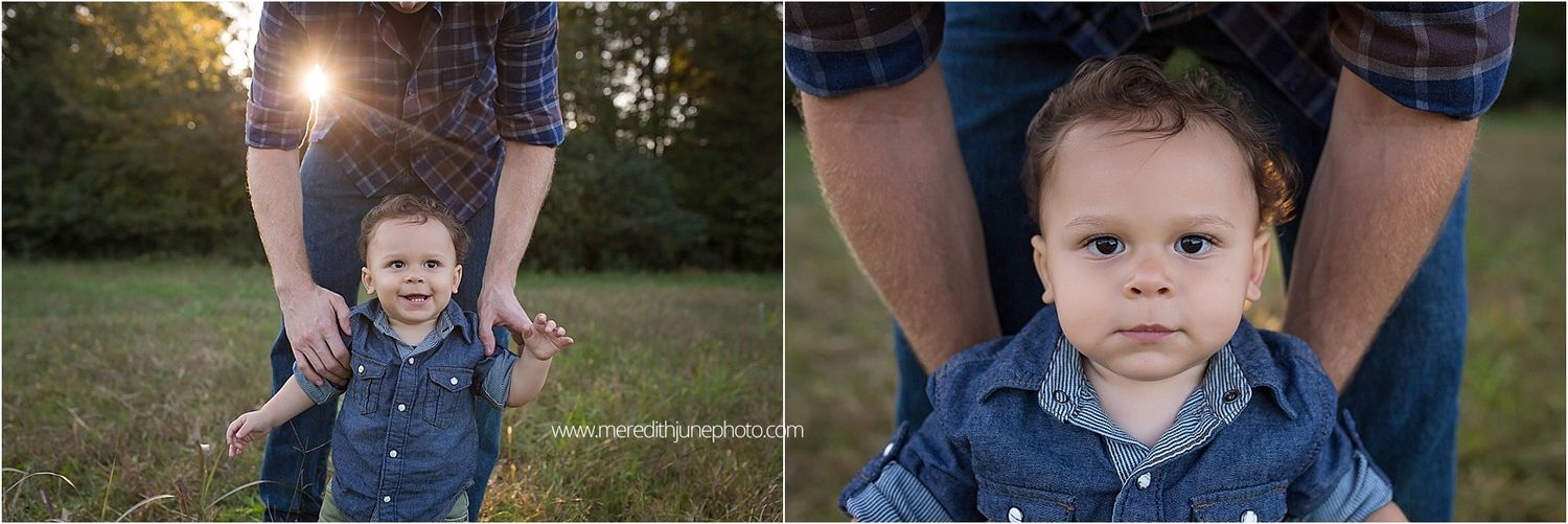 A series of outdoor family portraits showing tender moments between parents and children in natural settings.