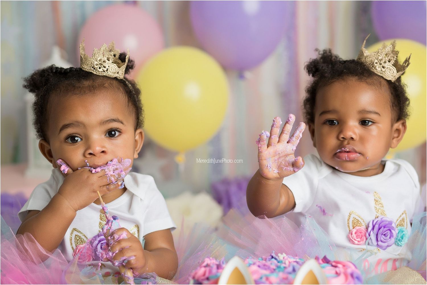 A photo collage shows a first birthday celebration with colorful balloons, party decorations, and a festive atmosphere.