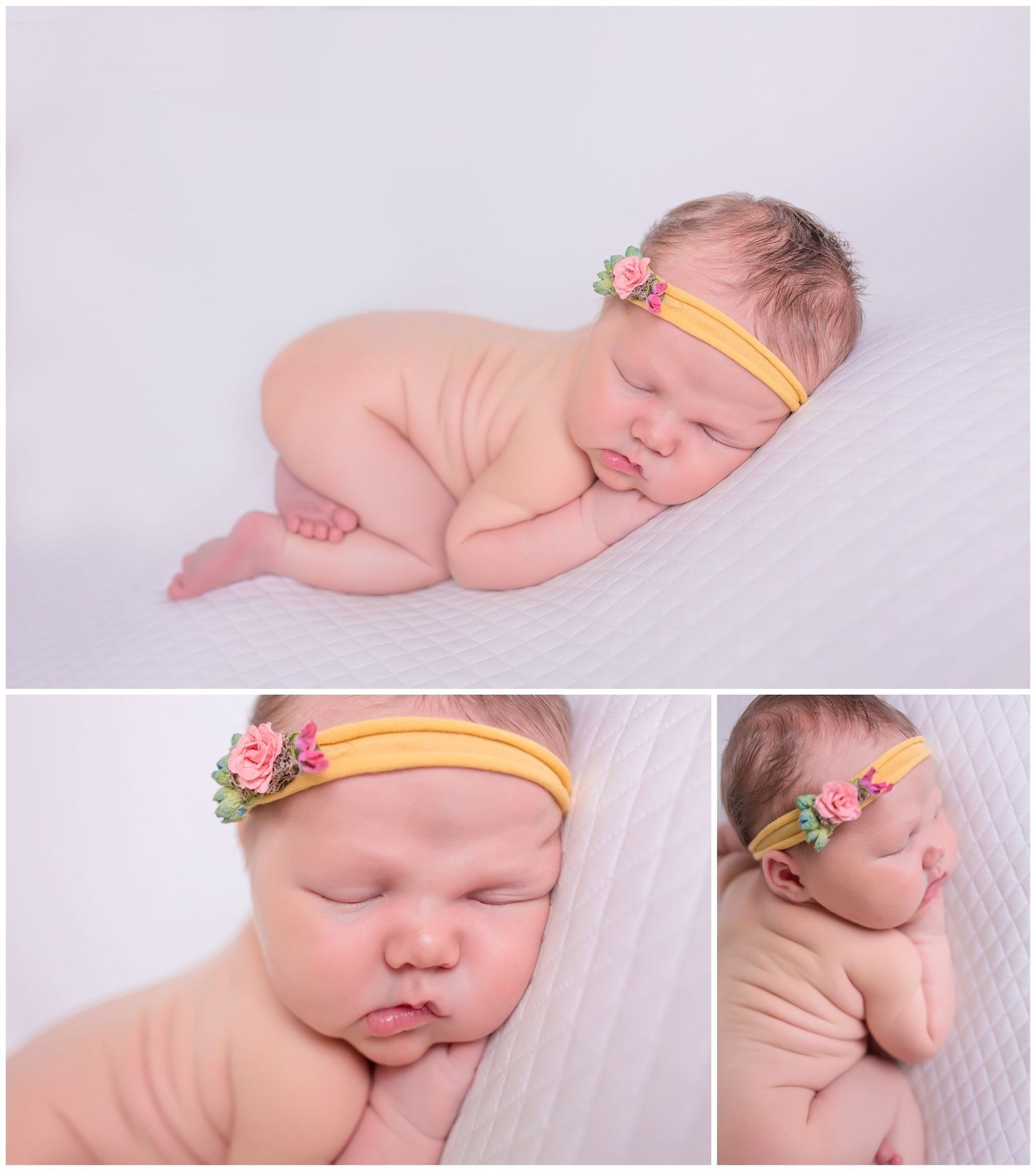 Delicate newborn photography session featuring peaceful sleeping poses on soft white textiles with floral accents.