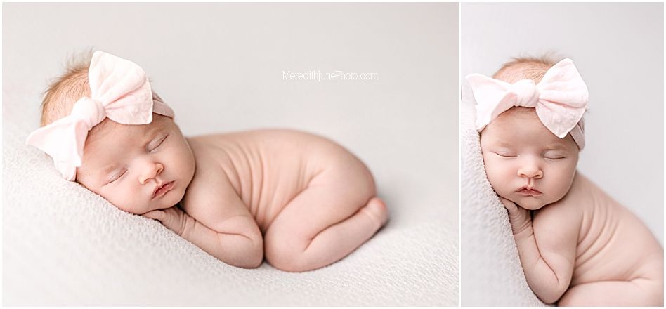 A collage of seven serene newborn baby photos in soft pink and neutral tones showing peaceful sleeping poses.