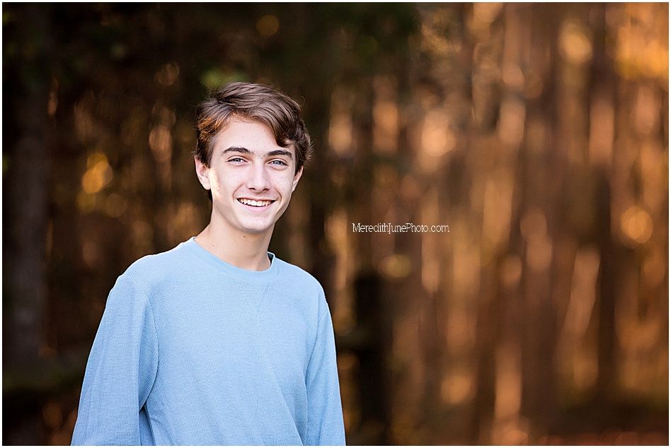 A series of portrait photos showing a person in a light blue shirt against a warm brown bokeh background.
