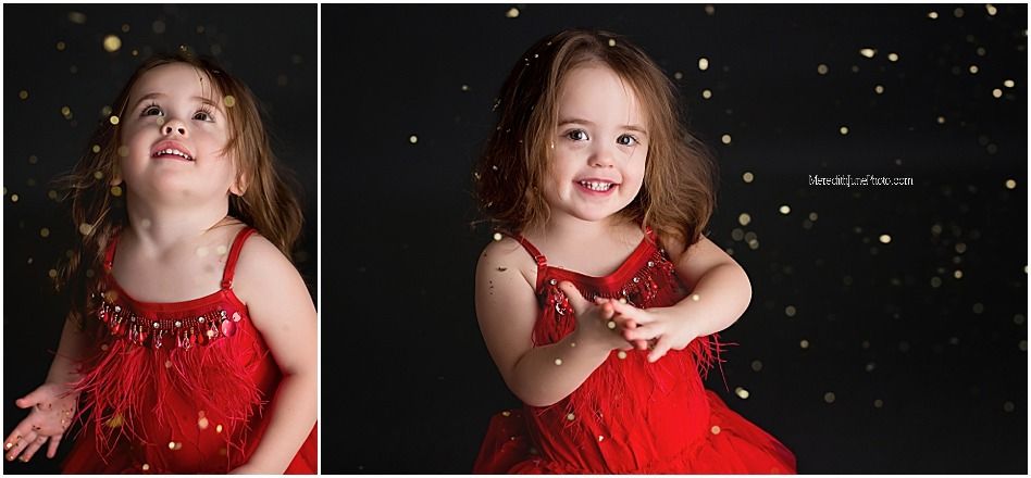 Playful portrait series with red sequin dress against dark backdrop with twinkling lights.