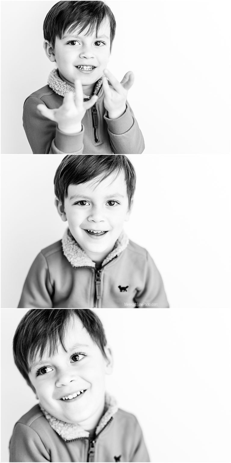 Black and white portrait collage showing joyful expressions and candid moments in studio lighting.