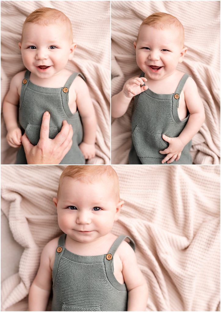 Three-photo collage of a baby in grey overalls showing different happy expressions on pink fabric.