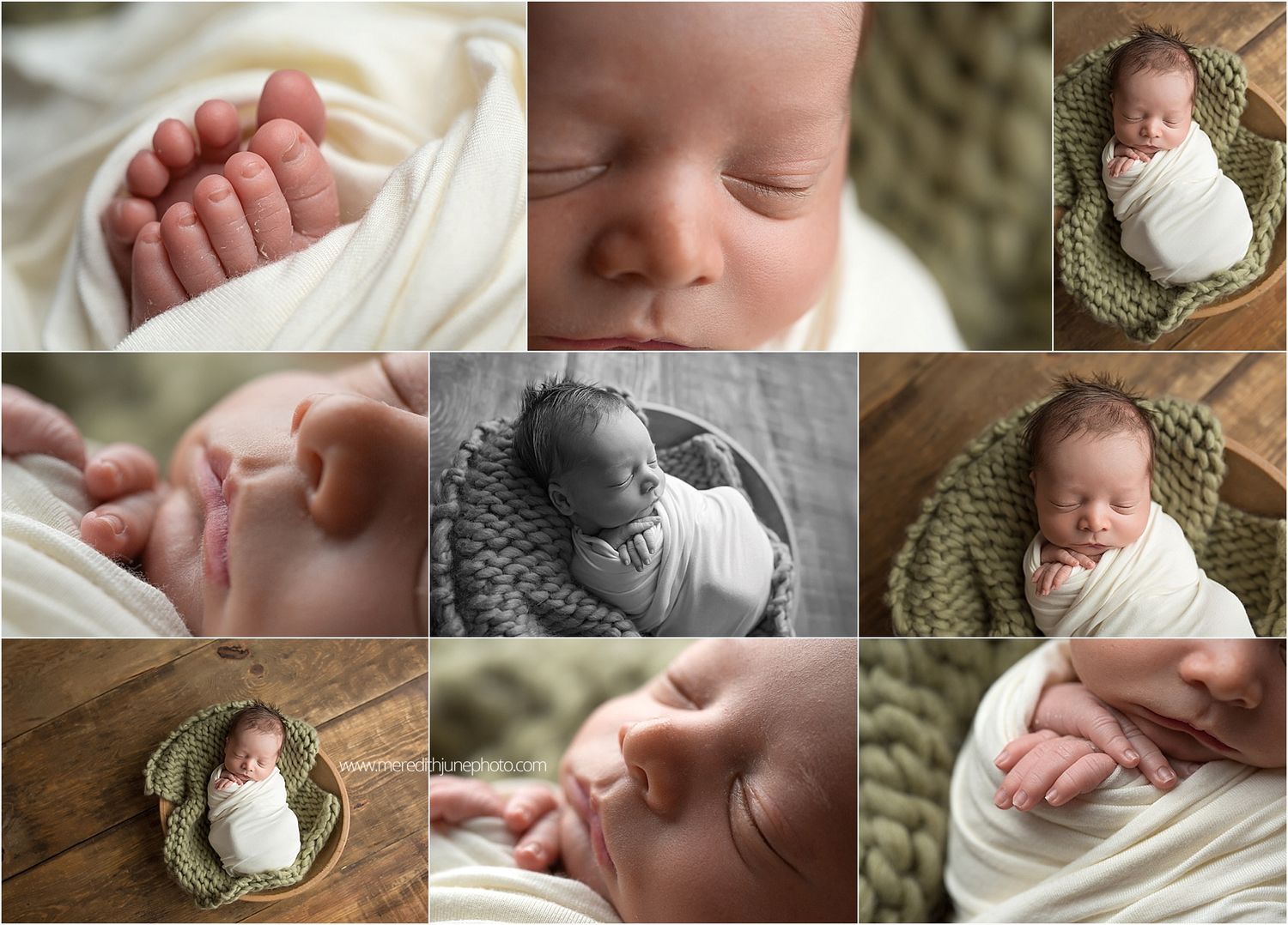 A collage of tender newborn photography moments showing tiny hands, feet, and gentle wraps in soft natural lighting.