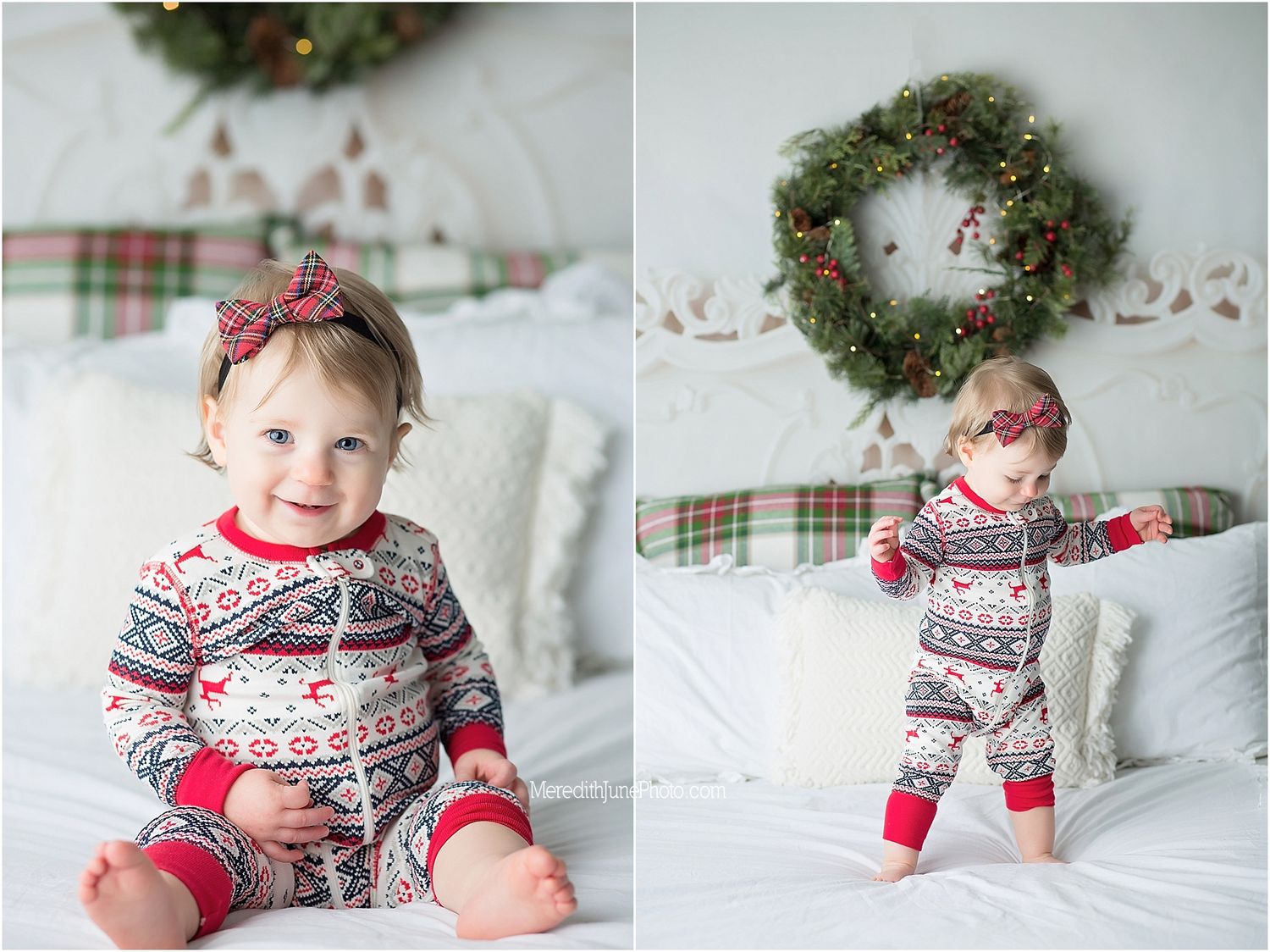 A cozy holiday scene with a festive wreath and plaid decor featuring a small figure in a patterned winter outfit.