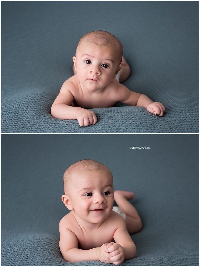 Professional studio portraits on teal background showing various playful poses.