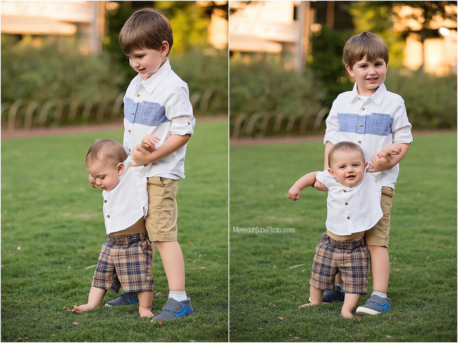 Series of playful outdoor family moments captured on grassy lawn during golden hour.