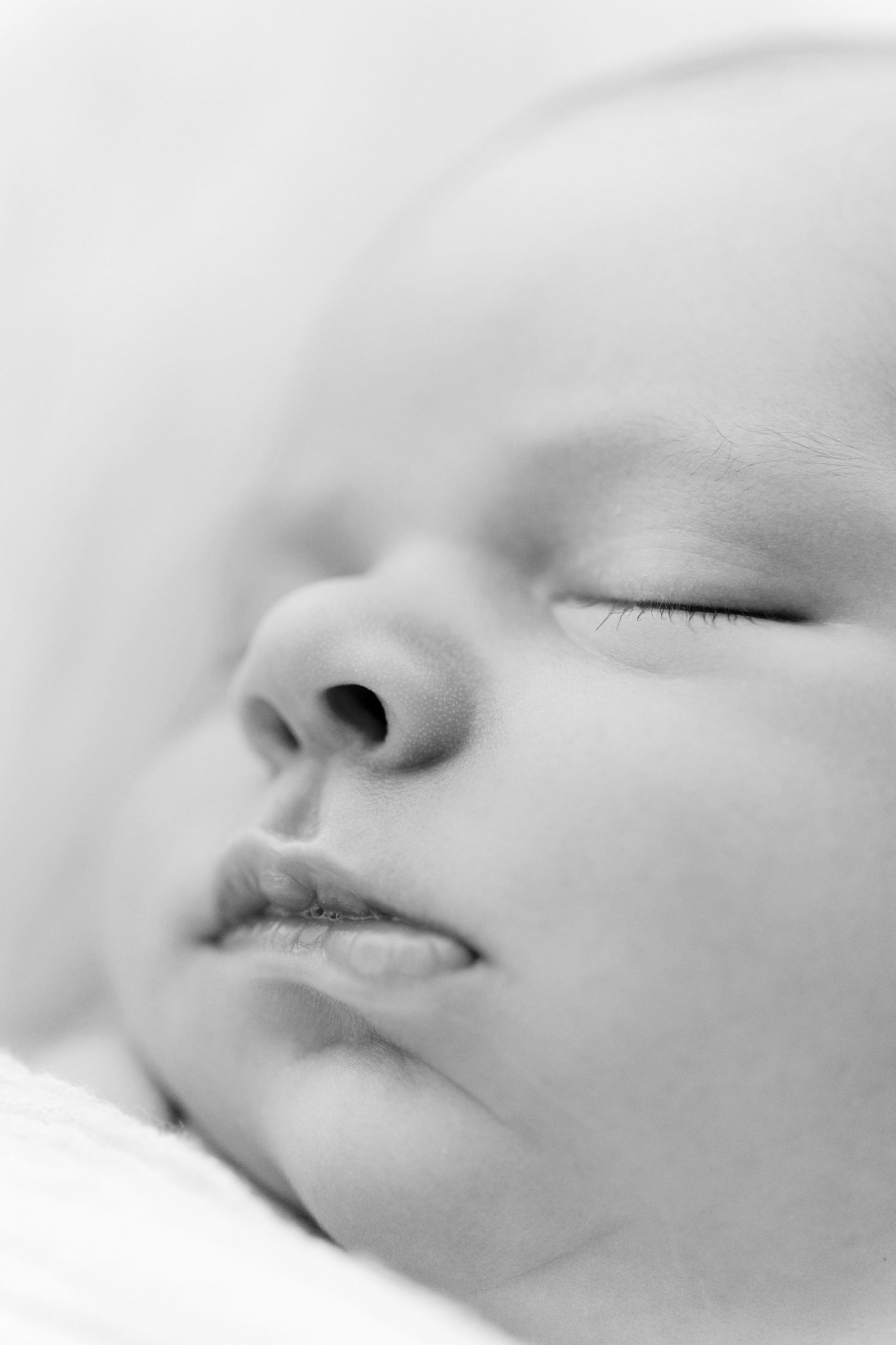 Close-up black and white portrait of a peaceful sleeping newborn baby with soft delicate features.
