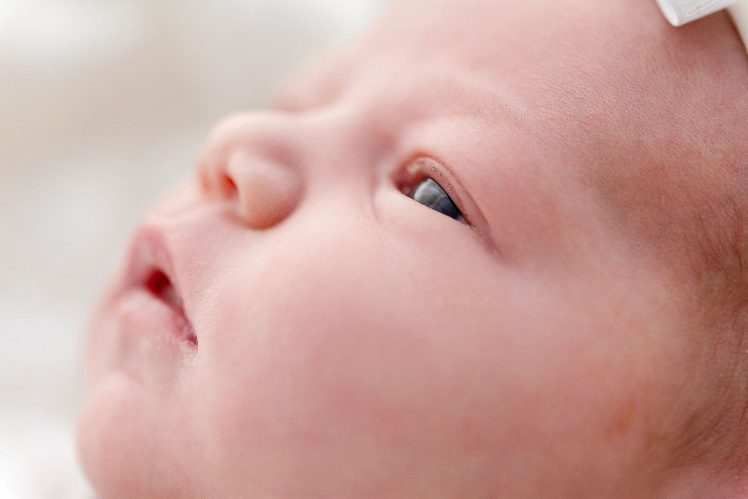 Detailed macro shot of a baby's delicate facial features with soft pink skin tones.