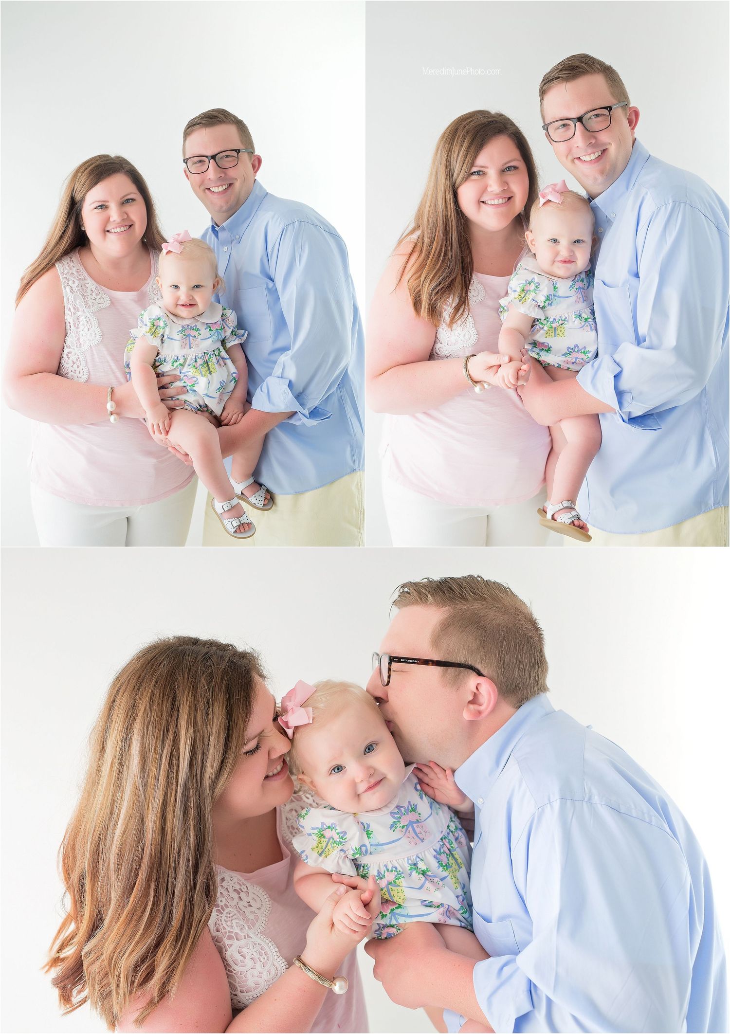 A family portrait series in soft lighting showing parents with their baby in matching blue and white outfits.