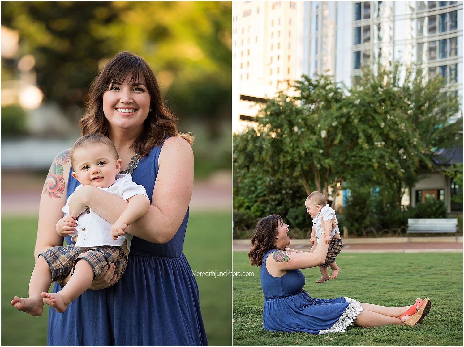 Family photo session in a lush garden setting with modern buildings in background.