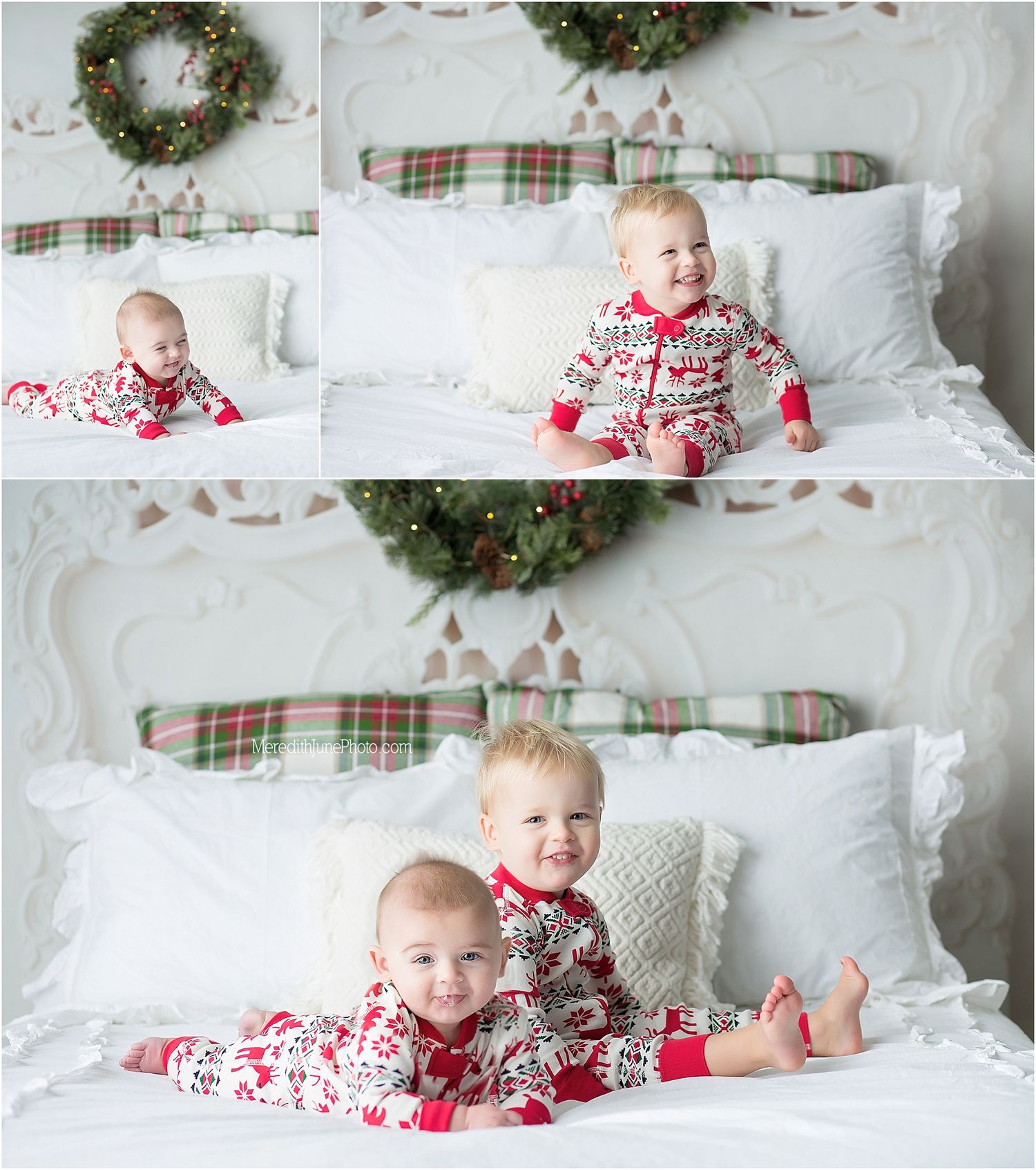 A cozy Christmas bedroom scene with plaid pillows, evergreen wreath, and white bedding decorated in festive holiday style.