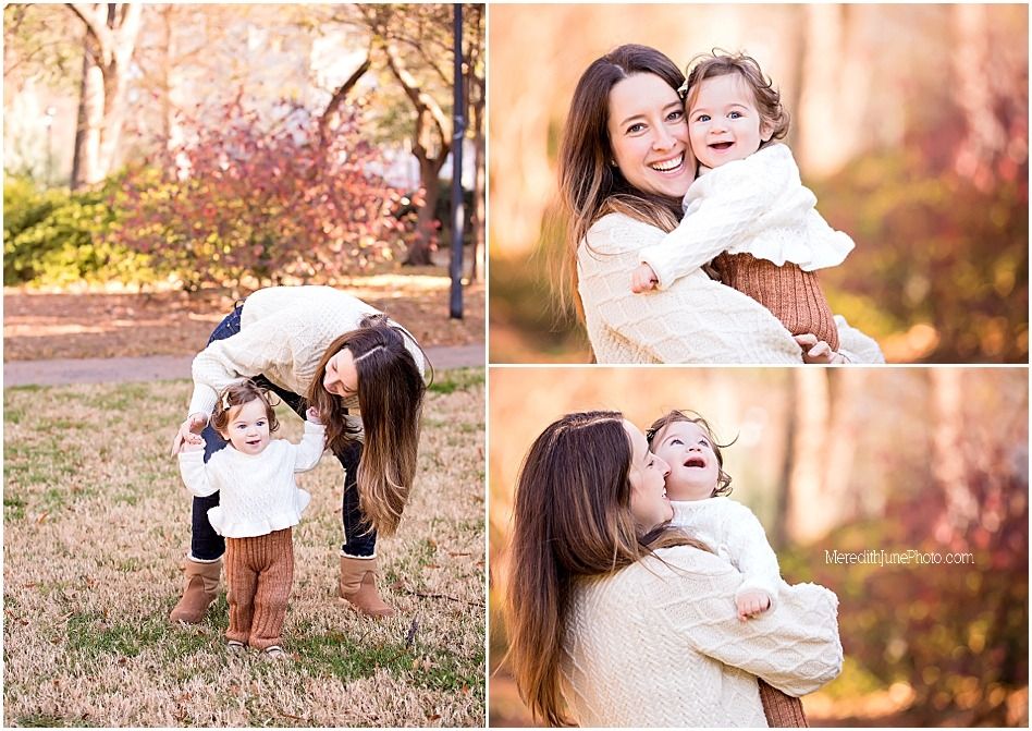 A joyful outdoor family photo session in a park during golden hour with warm autumn colors in the background.