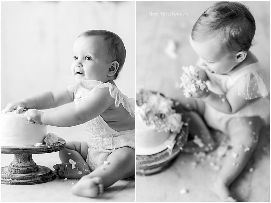 A collage showing a baby's first birthday cake smash photoshoot with frosting and messy eating moments.
