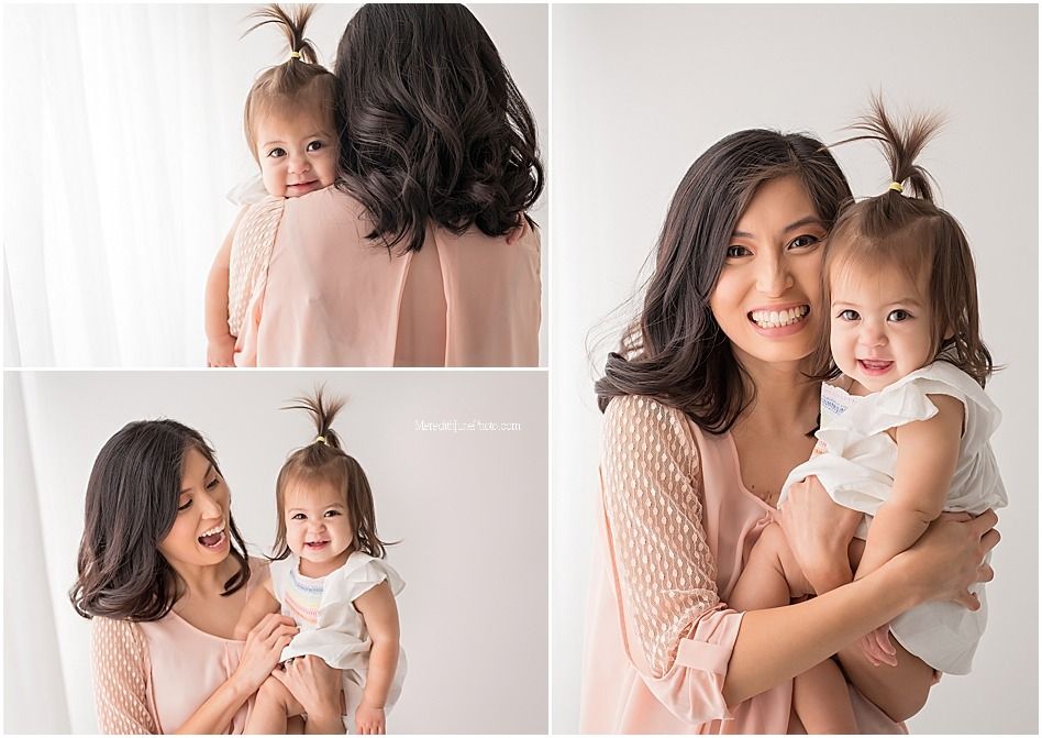 Mother and baby sharing tender moments in soft pink and white studio portraits.