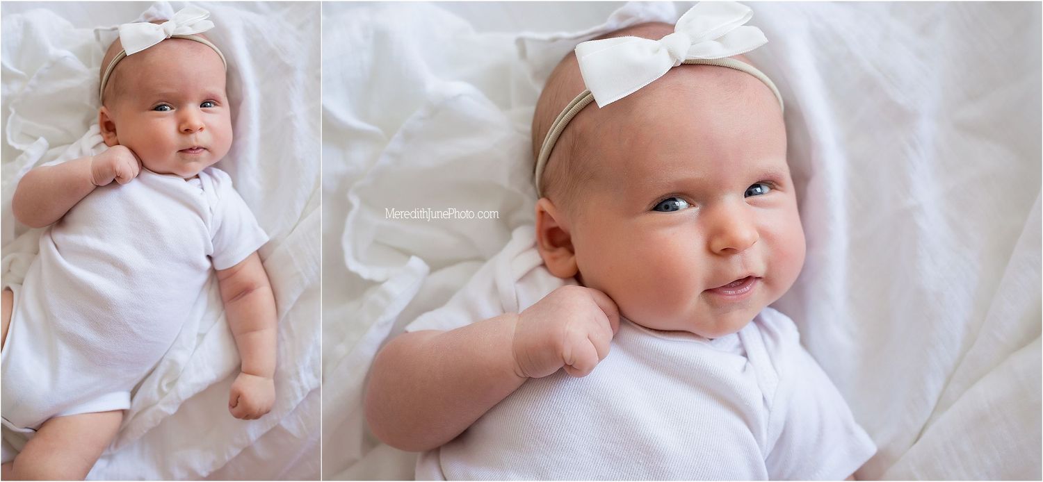 Sweet baby wearing white outfit and bow lying on white bedding in two side-by-side photos.