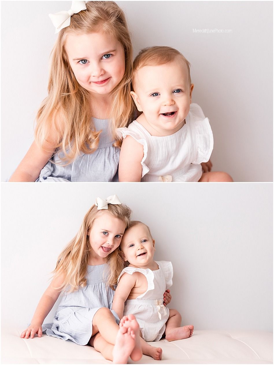 Sweet portrait session showing siblings in light colored clothing against neutral background.