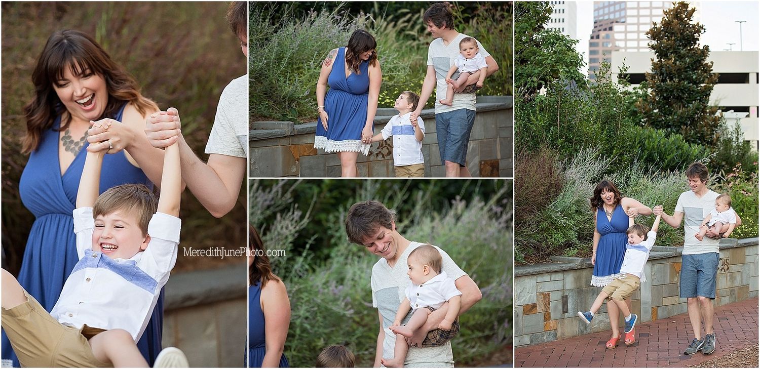 A collection of outdoor family portraits showing tender moments between parents and baby in a garden setting.