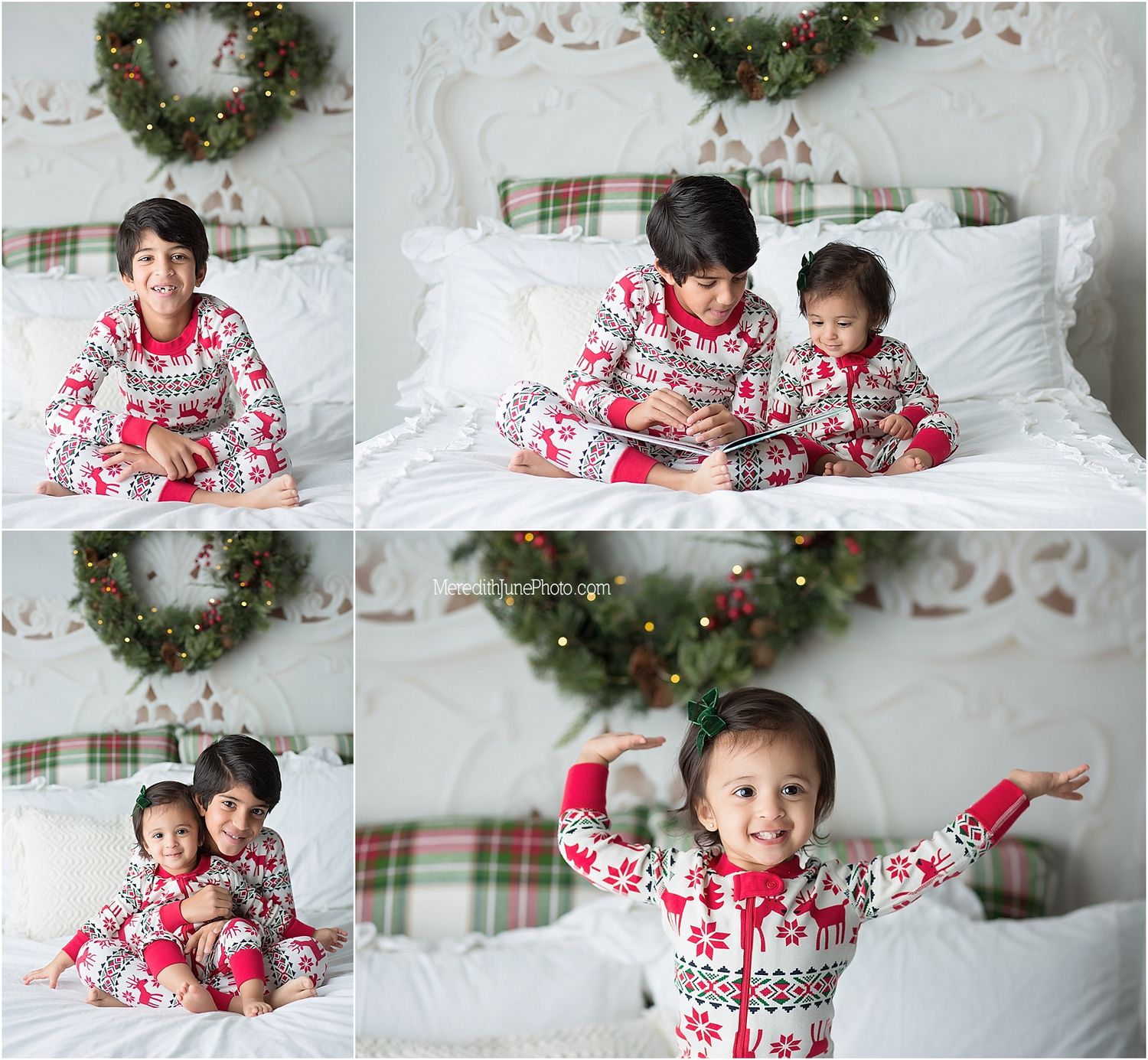 A festive holiday scene with Christmas pajamas, white bedding, and a decorative wreath hanging on the wall.