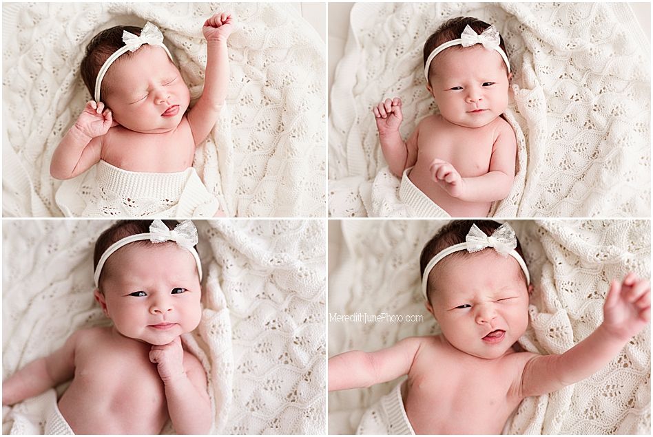 A newborn baby wearing a white bow headband poses on cream lace fabric in four different expressions.