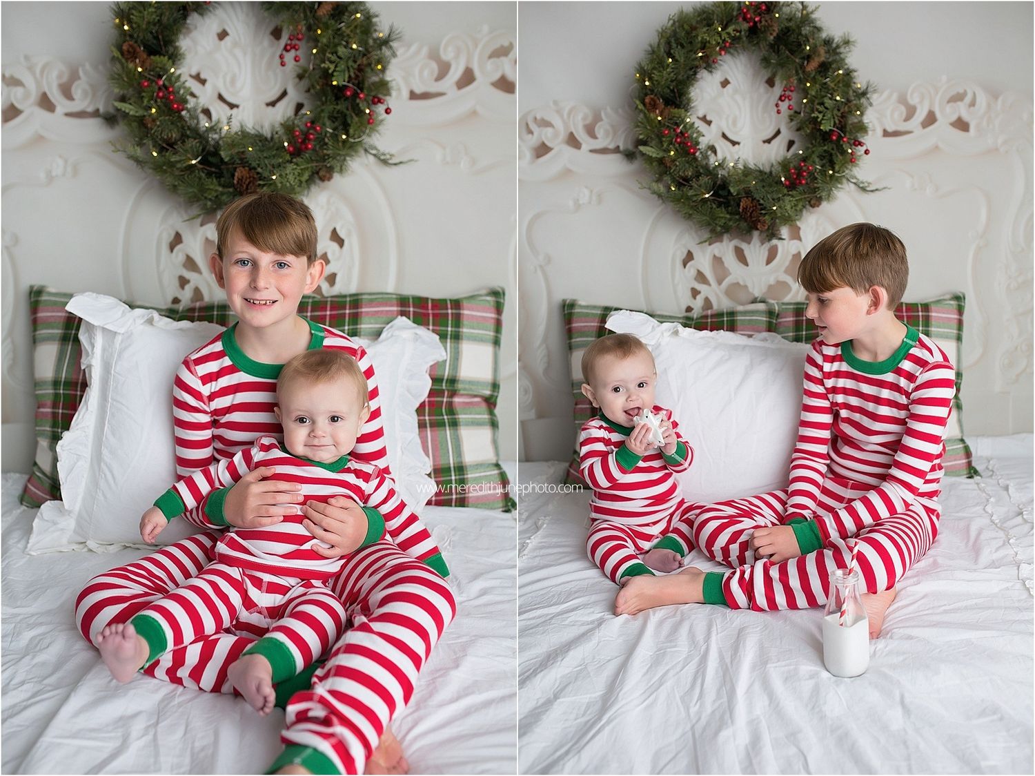 Holiday photos showing matching red and white striped pajamas with a decorated wreath on the wall.