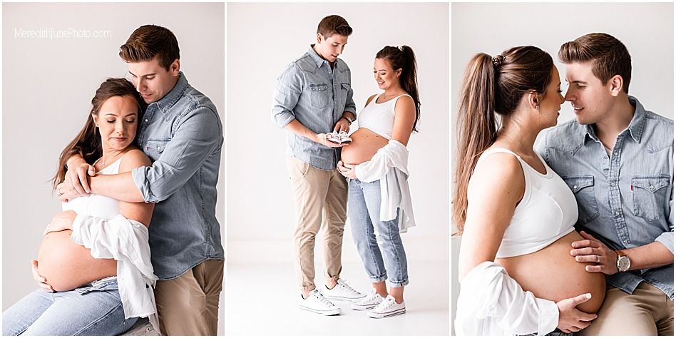 Series of tender maternity portraits showing couple in grey and white outfits sharing intimate moments.