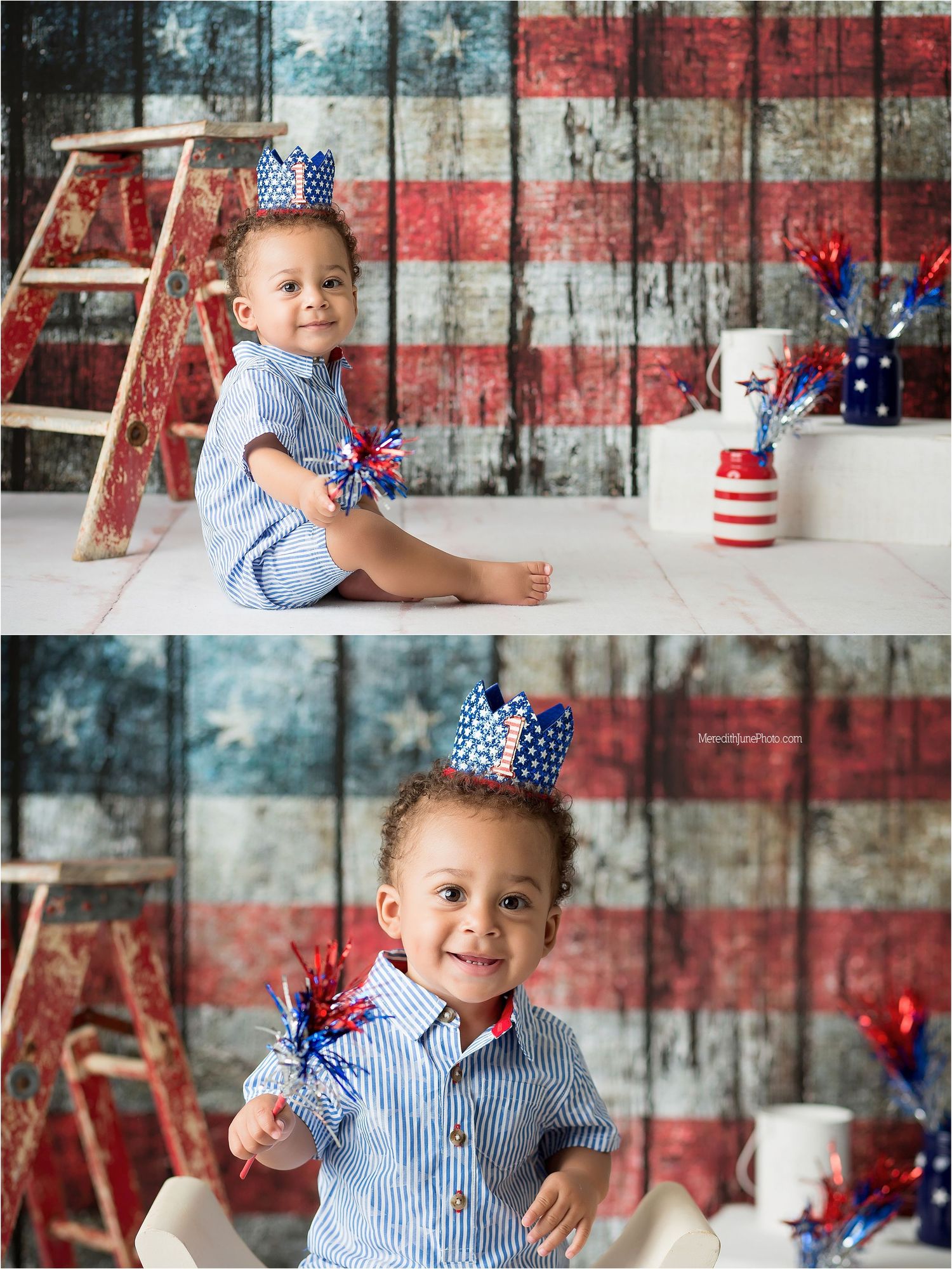 Patriotic themed photo session featuring a small child in blue and white against rustic American flag backdrop.