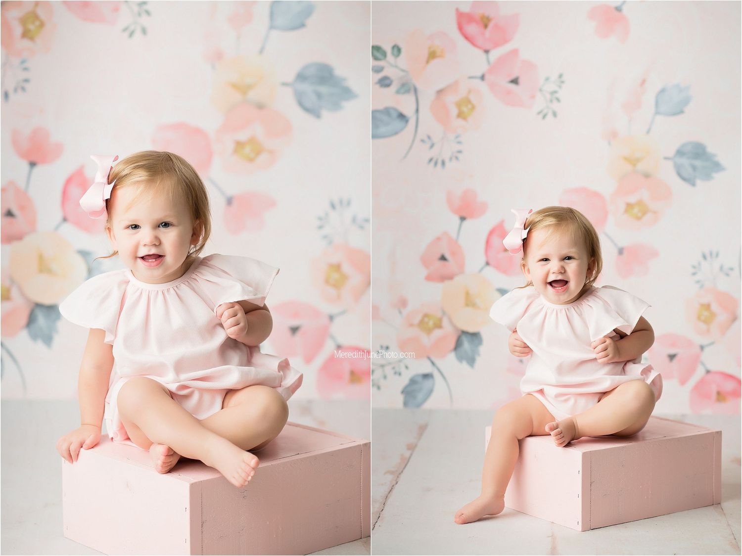 A series of milestone photos showing a baby in a pink dress sitting on a mauve box against a floral backdrop.