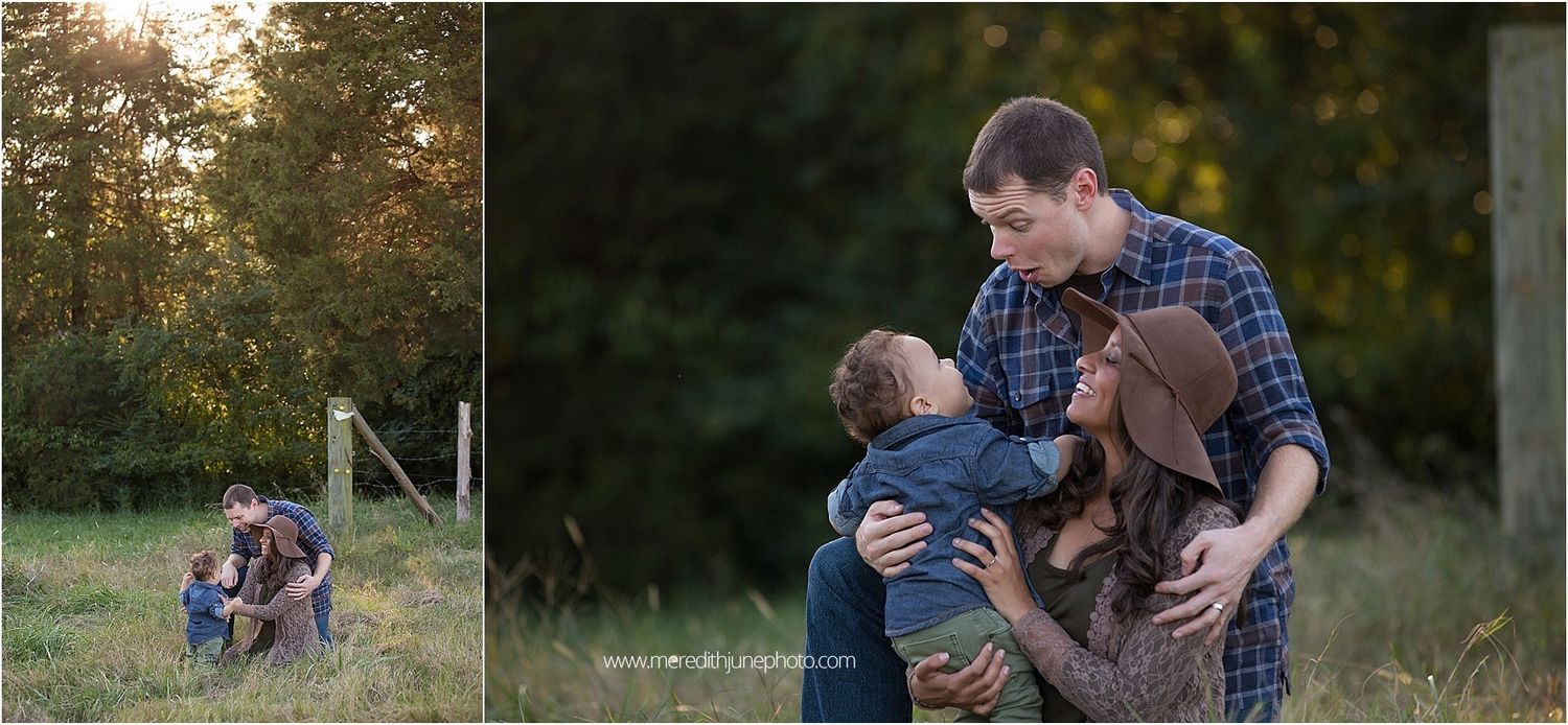 Natural lifestyle family photography session in an autumn field at dusk.