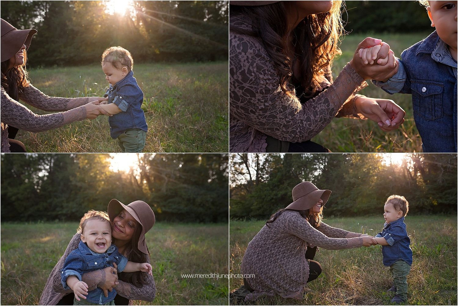 Playful outdoor family photo session in a sunlit field during golden hour with lens flare effects.