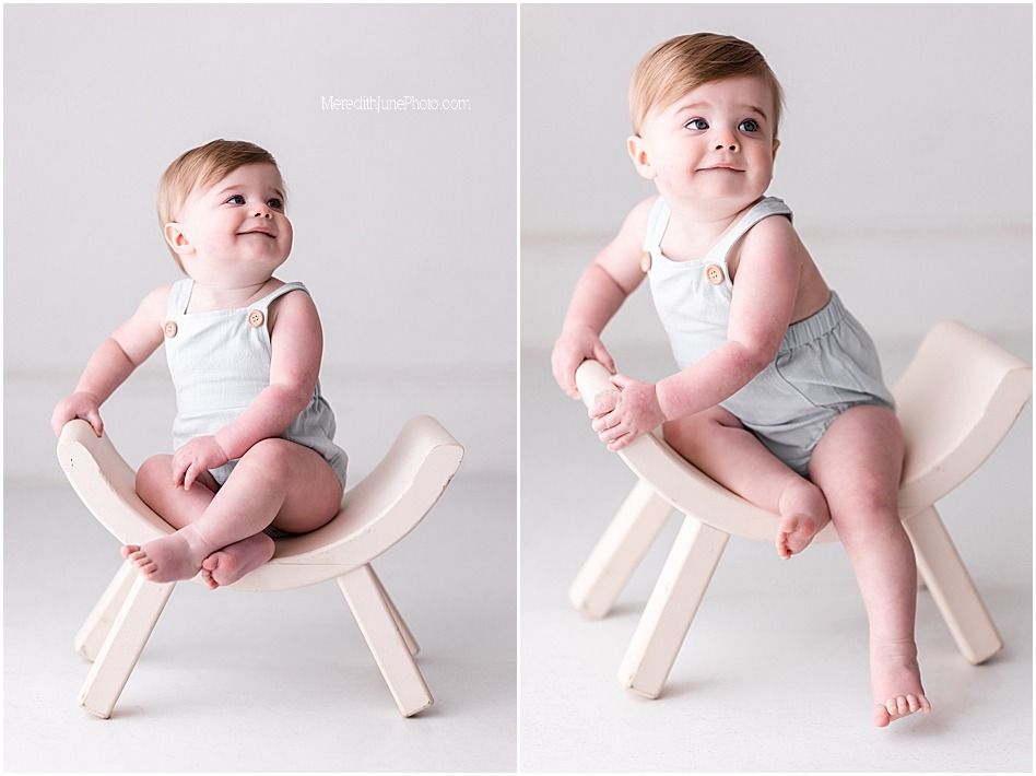 Baby in gray clothing sitting on a pink chair against white background in multiple poses.