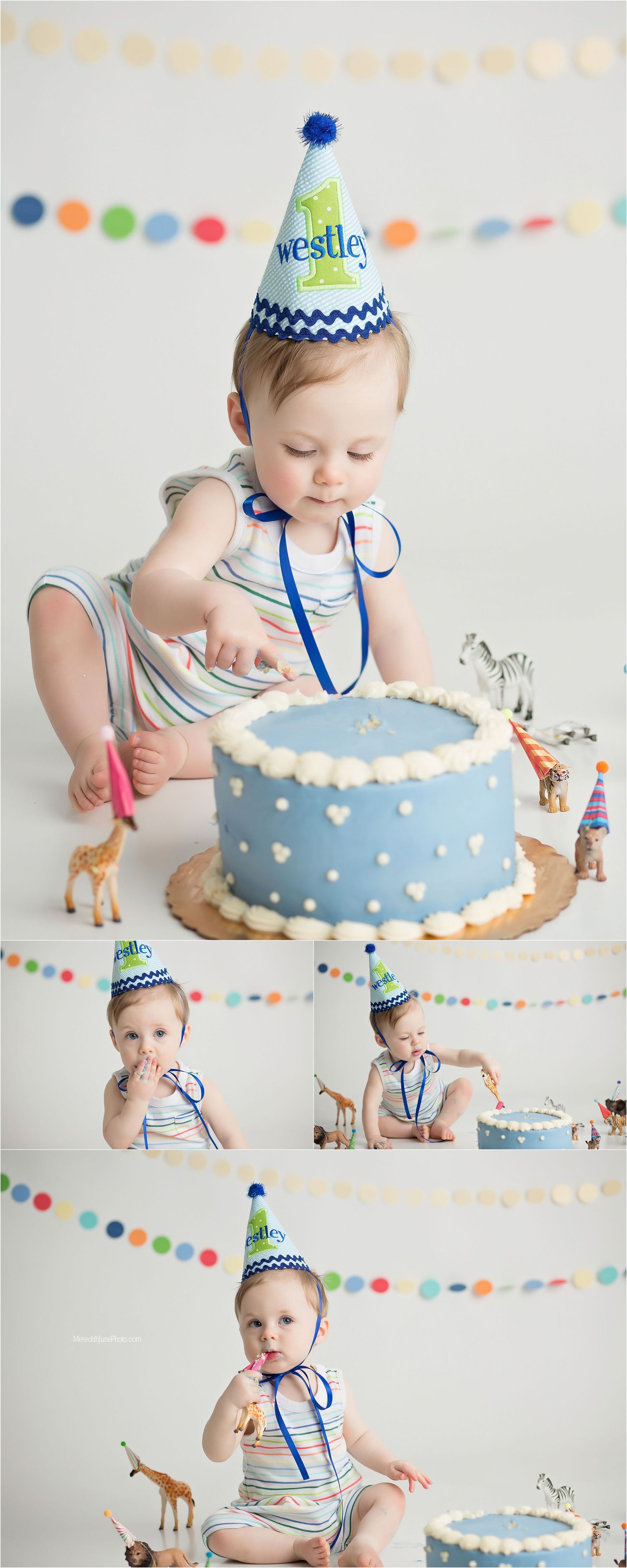A festive first birthday celebration with a blue polka dot cake and toy animals against a white backdrop with colorful bunting.