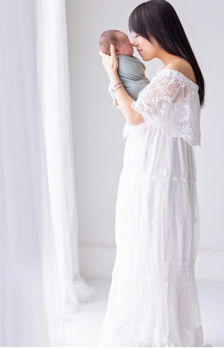 A delicate white lace dress photographed in multiple angles against a bright studio backdrop.