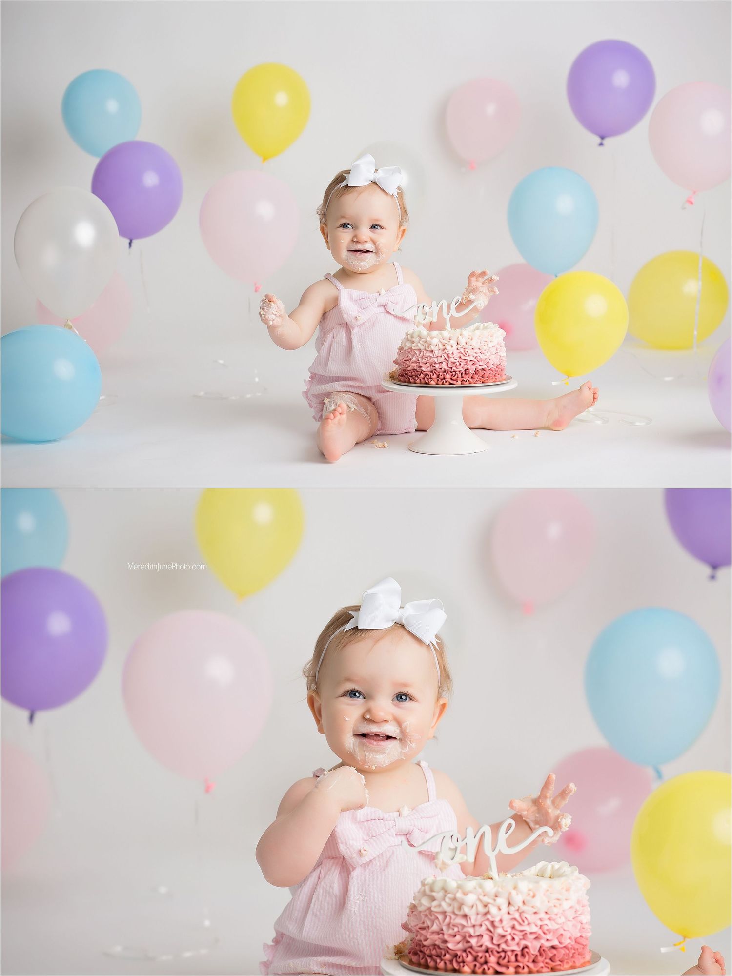 Pastel balloons create a dreamy backdrop for a first birthday cake smash photo session with soft pink and purple decor.